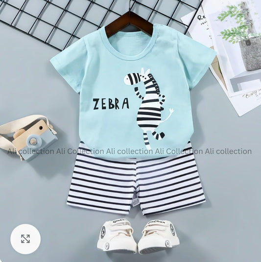 Zebra Baby Boy/Girl Summer Set – Aqua Blue T-Shirt & Striped Shorts | T-Shirt And Short Pant For kids Baby Boys And Girls Round Neck And Short Sleeves, / kids fashion / Dresses Outfit | Ali